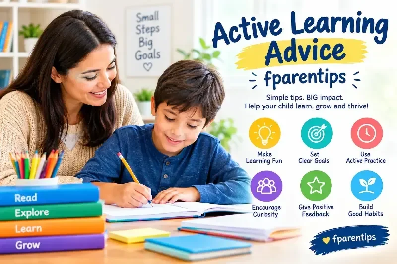 A mother guiding her young son through an active learning writing activity at home
