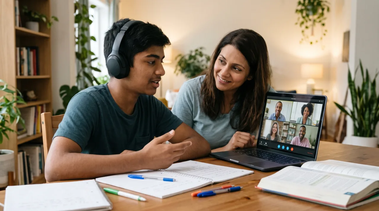 A teenage student wearing headphones attends a virtual classroom video meeting on a laptop with his mother sitting supportively beside him at a study desk