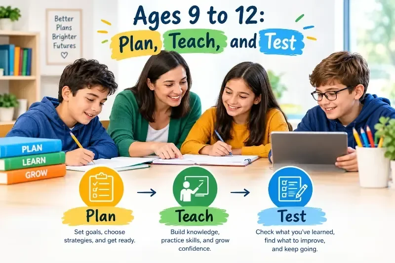A group of students collaborating on a plan teach and test active learning study project