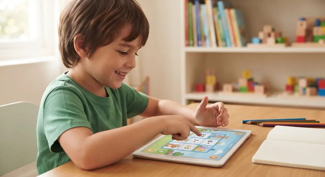 A young boy smiling while playing an interactive educational math game on a digital tablet at a desk